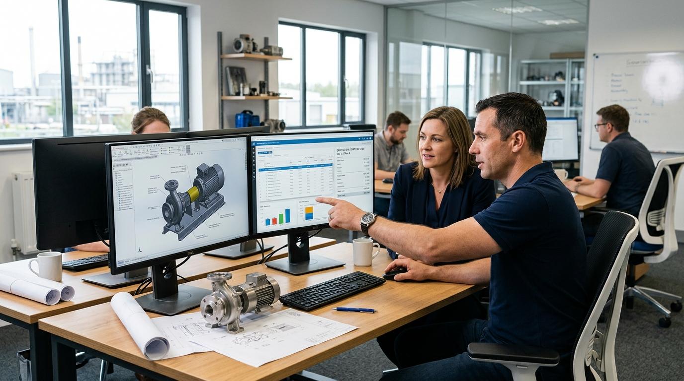 Endüstriyel ürün tasarımcısı ve B2B satış yöneticisi tablet ve iş istasyonunda 3D parametrik ürün konfigürasyonunu ve dinamik fiyat bileşenlerini modellerken