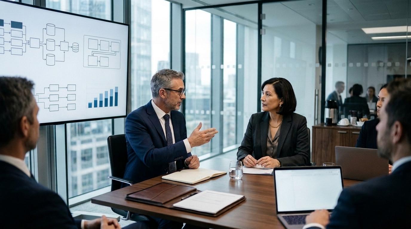 BT Direktörü ve Finans Yöneticisi kurumsal belge işleme otomasyonu mimarisini ve adam/gün bütçe analizini toplantı odası ekranında incelerken
