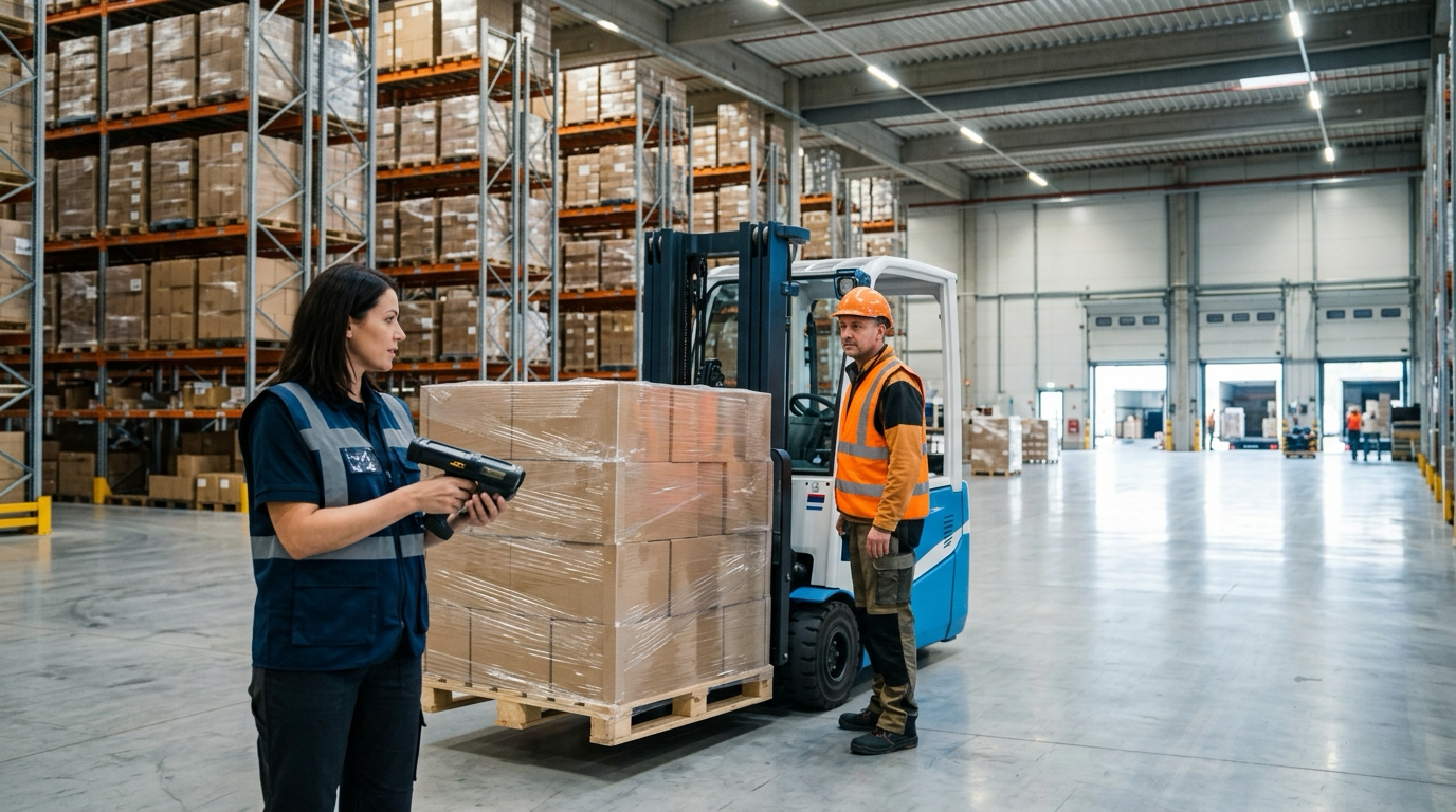 Fabrika lojistik merkezinde depo şefi ve operatör endüstriyel el terminaliyle e-İrsaliye mal kabulünü ve stok eşleştirmesini yaparken