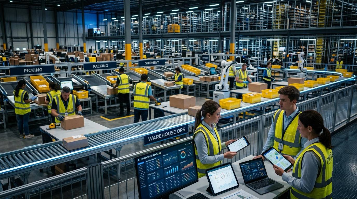 Yüksek teknolojili otomatik sipariş paketleme merkezinde mühendisler tablet ekranında e-ticaret ERP stok senkronizasyonunu yönetirken