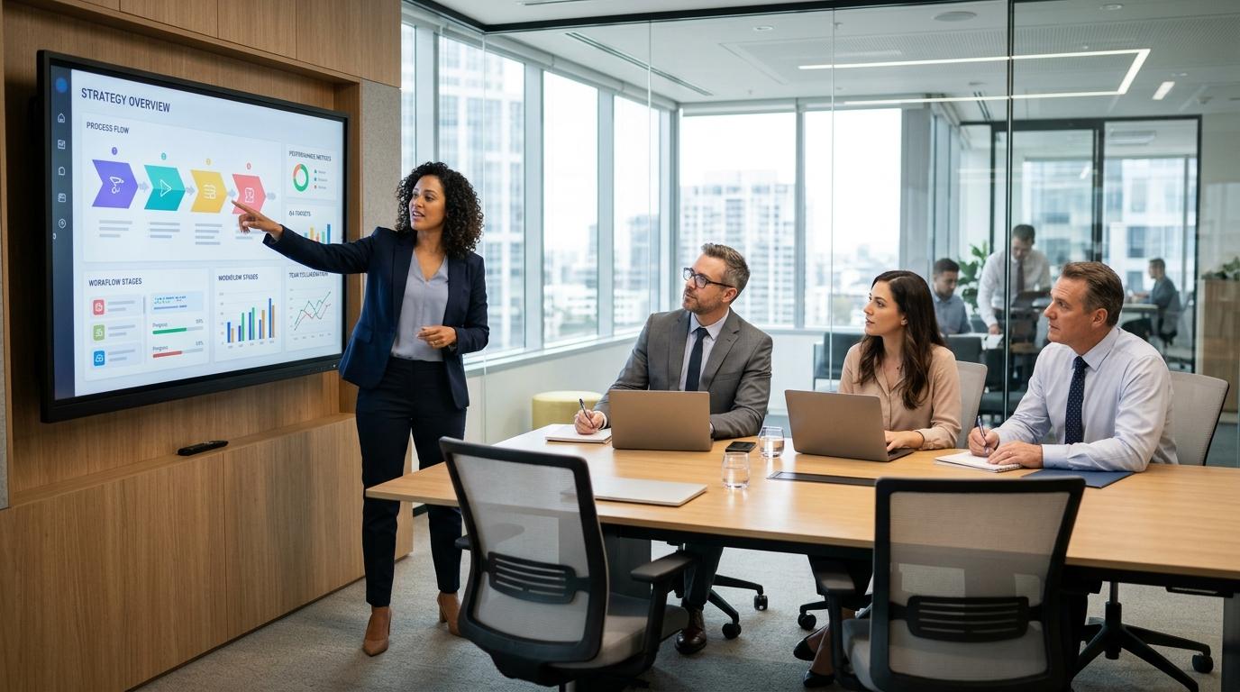 Departman liderleri ve iş analistleri kurumsal toplantı odasında e-posta ekinde dolaşan Excel tablolarını web iş akışı uygulamasına dönüştüren sistemi incelerken