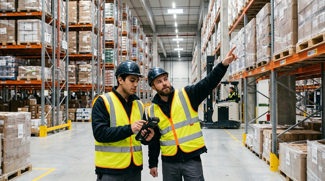 Lojistik deposunda forklift operatörü ve el terminali kullanan depo sorumlusu barkodlu yüksek raf koridorunda ürün yerleştirirken