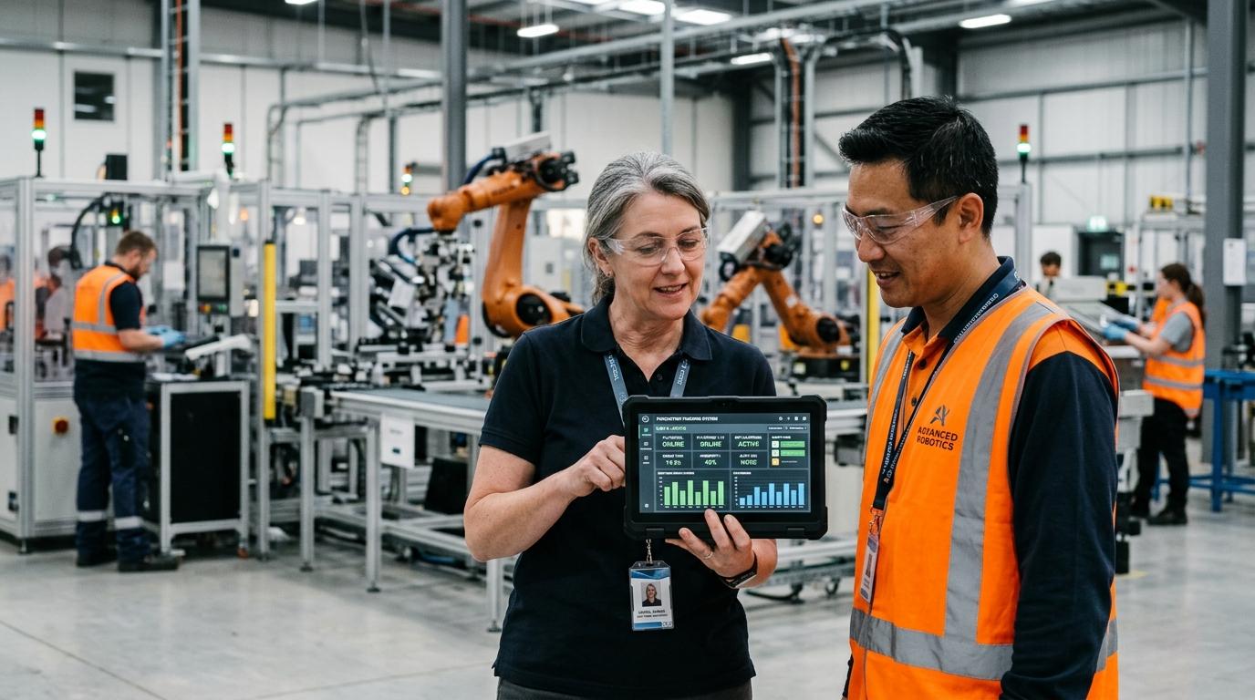 Fabrika üretim sahasında tablet üzerinden canlı tezgah telemetrisini ve Andon hattını denetleyen sistem mühendisi ve fabrika müdürü