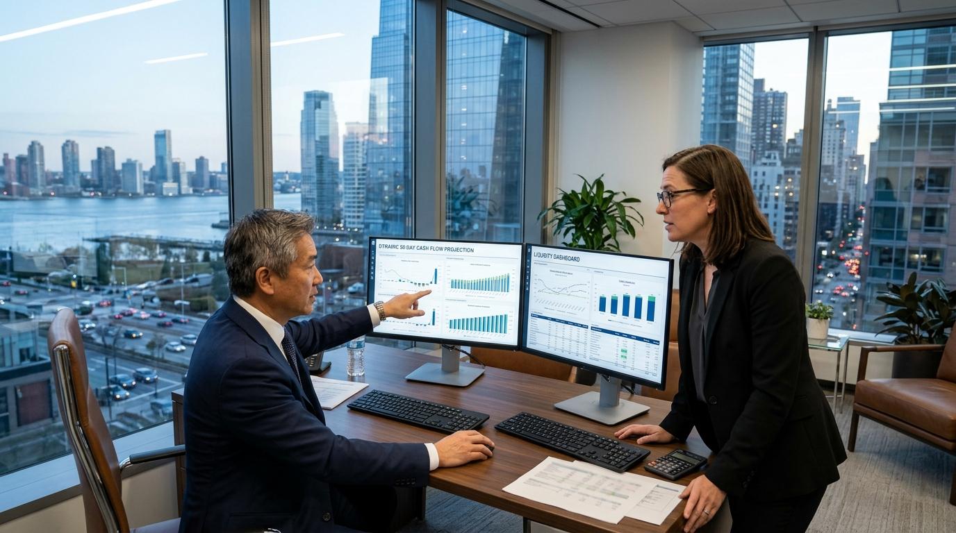CFO ve hazine yöneticisi modern ofiste büyük kavisli ekranda 90 günlük dinamik nakit akış projeksiyonu ve likidite simülasyonunu incelerken