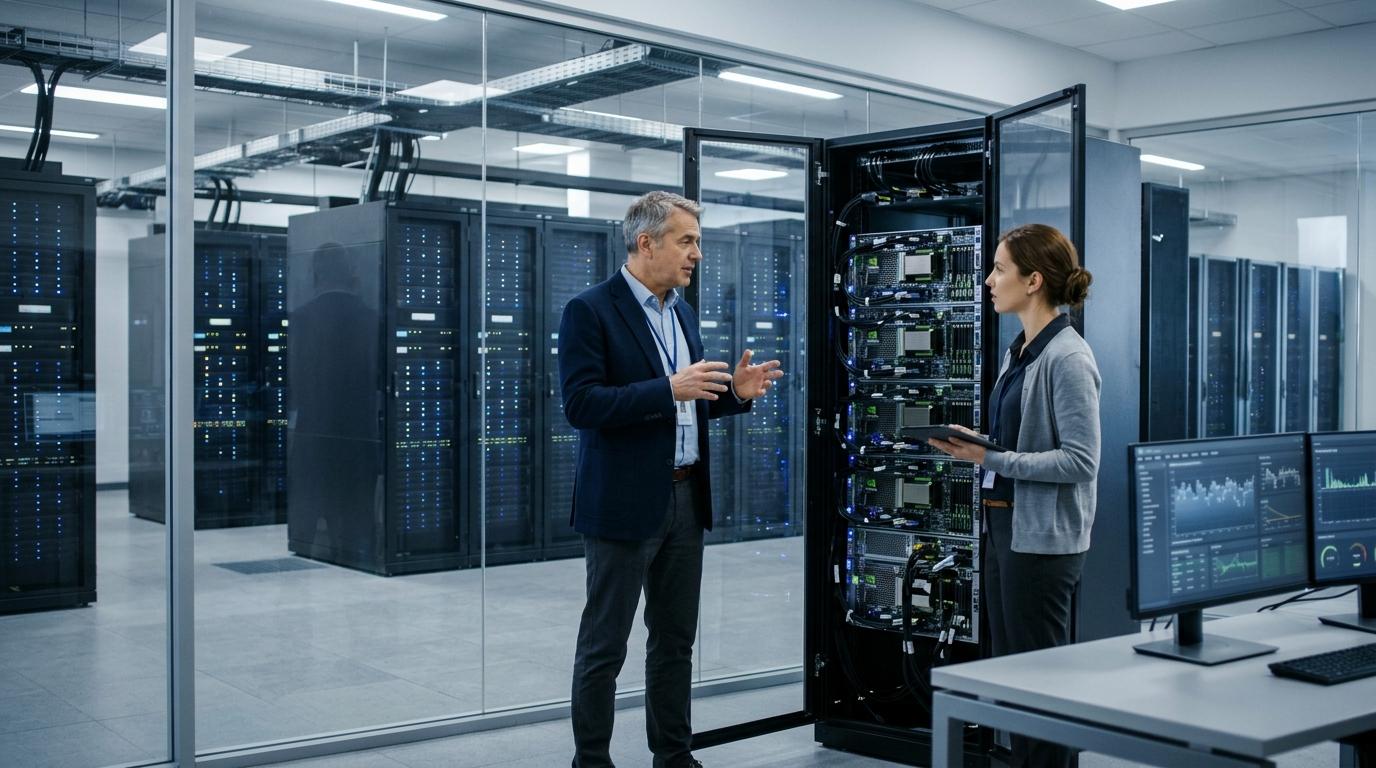 Sistem mimarı ve altyapı mühendisi veri merkezinde yerel GPU sunucu kabinlerini ve çıkarım telemetrisini incelerken