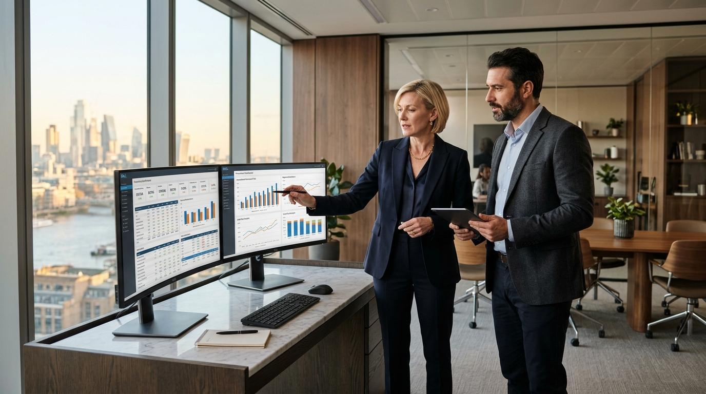 CFO ve finans analisti modern bir yönetim ofisinde geniş ekranda konsolide holding bilançosu, EBITDA marjı ve bütçe sapma grafiğini değerlendirirken