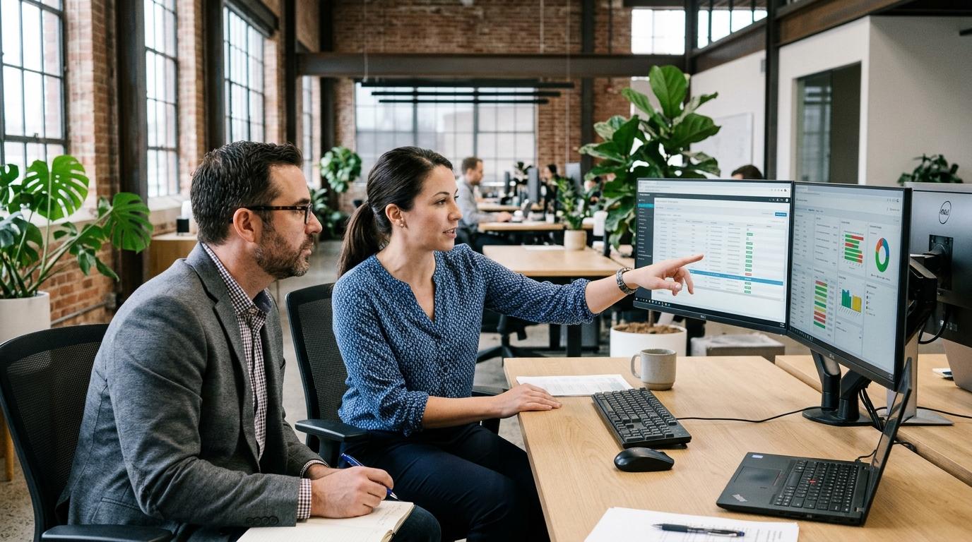 B2B satış operasyon yöneticisi ve sipariş karşılama uzmanı çift ekranda otomatik sipariş formu OCR ayrıştırma ve ERP aktarım panelini incelerken