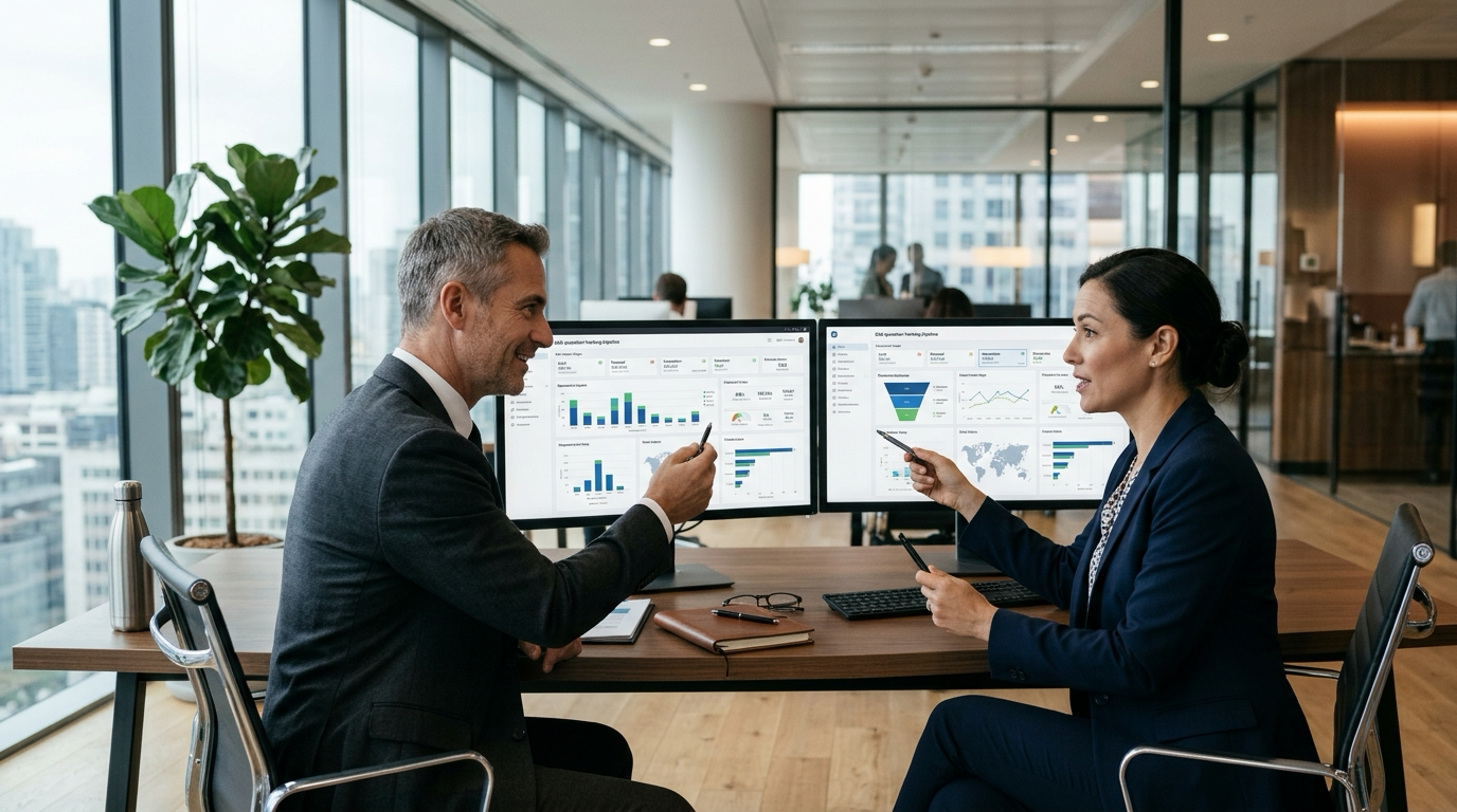 B2B kurumsal satış direktörü ve satış operasyon müdürü çoklu monitörlerde teklif boru hattı ve müşteri etkileşim analitiğini incelerken