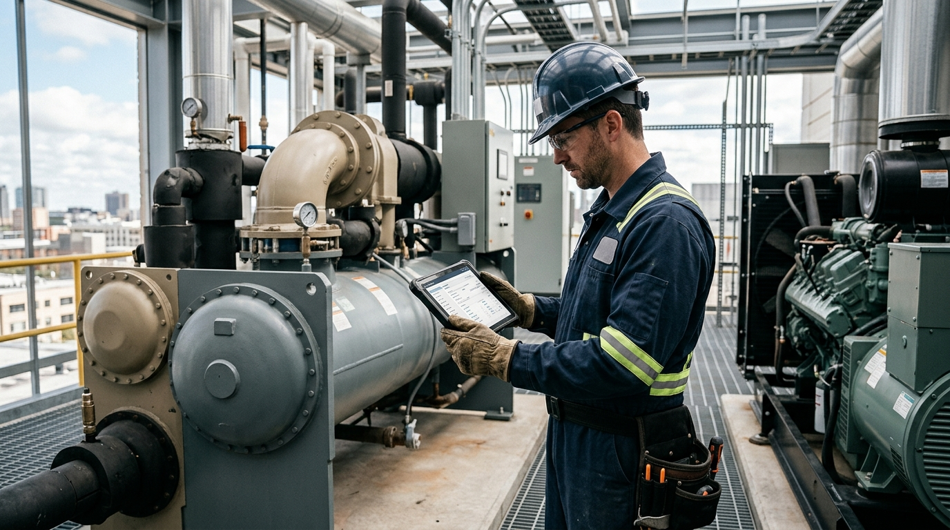 Saha teknik servis mühendisi endüstriyel HVAC soğutma grubu önünde IP68 dayanıklı tabletteki servis iş emri detaylarını ve kontrol listesini incelerken