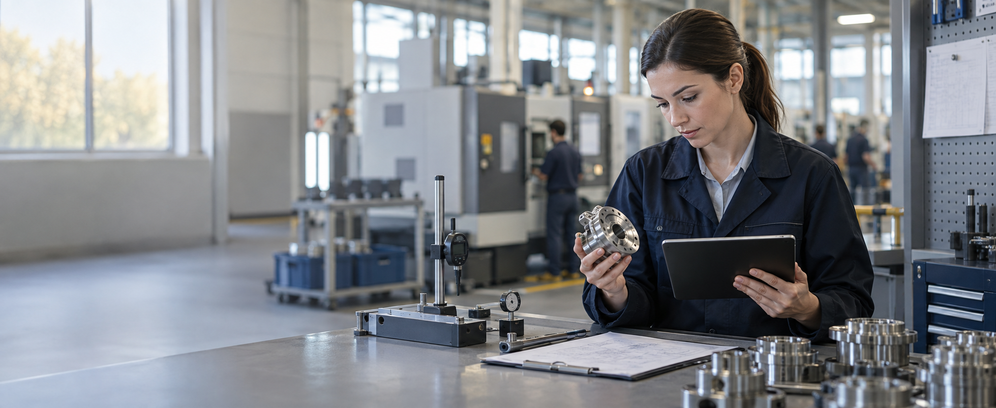 Kalite yöneticisinin üretim tesisinde işlenmiş metal parçayı ve kontrol göstergelerini tablet üzerinden incelemesi