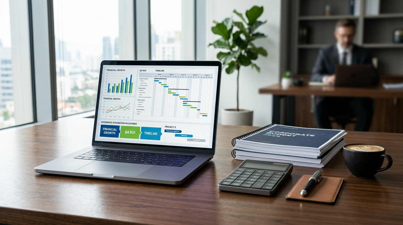 Yönetici bütçe analiz masası, laptopta TCO maliyet grafiği ve entegrasyon kilometre taşları