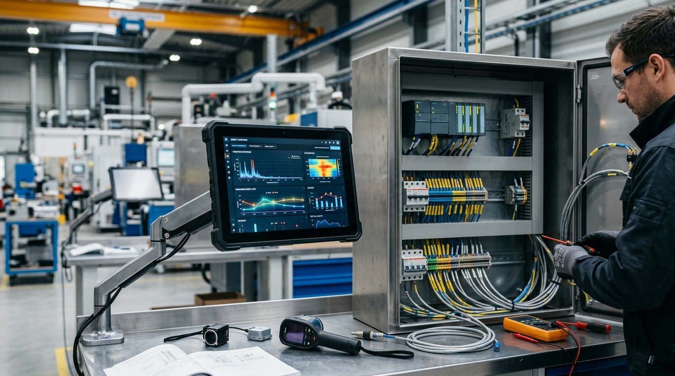 Endüstriyel bakım kontrol panosu, PLC ray modülleri ve telemetri teşhis tableti