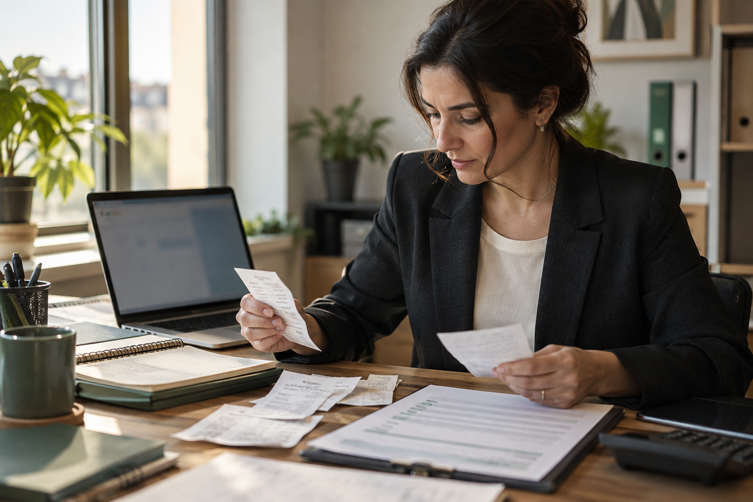 Finans operasyonu çalışanı, masraf fişlerini avans ve yönetici onayı belgeleriyle birlikte inceliyor.