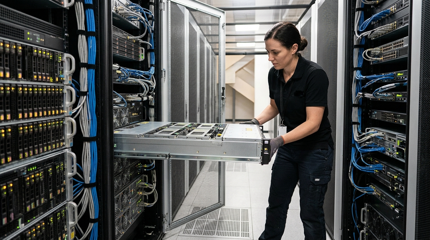 Sistem kurulum mühendisi veri merkezi kabininde yerel GPU çıkarım donanımını ve orkestrasyon düğümlerini kurarken