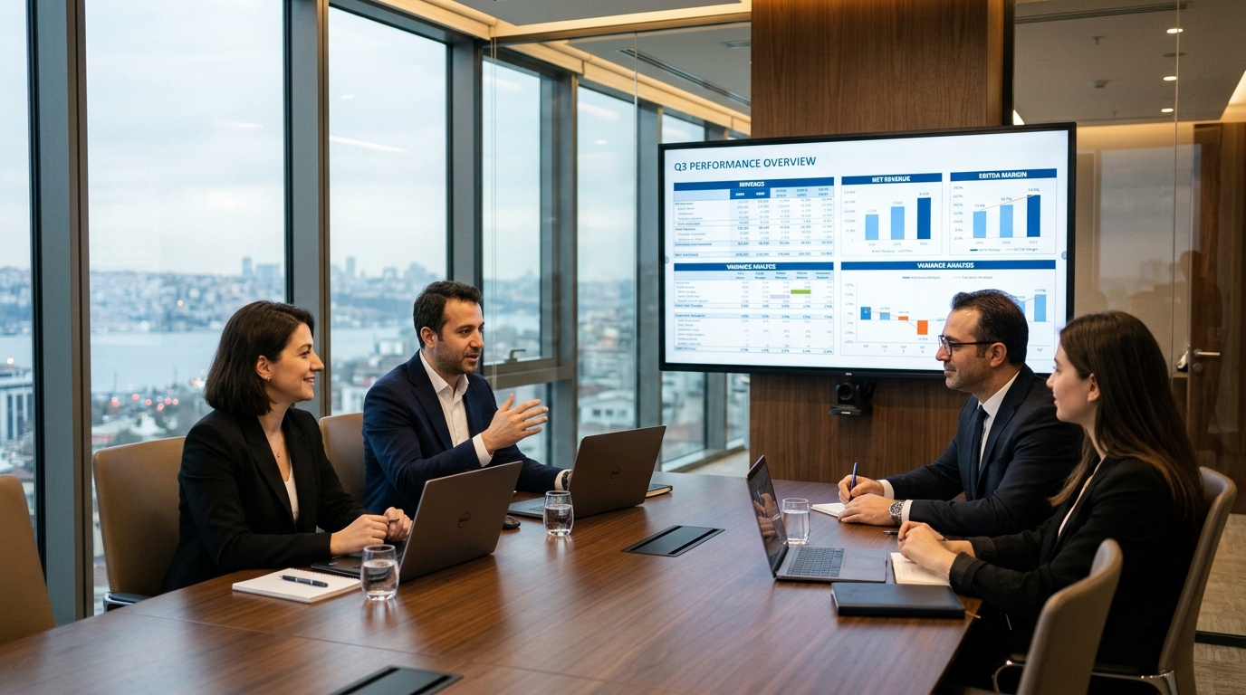 Grup şirketleri finansal planlama ekibi konsolide mizan, eliminasyon kuralları ve IFRS bütçe sapma analizini incelerken
