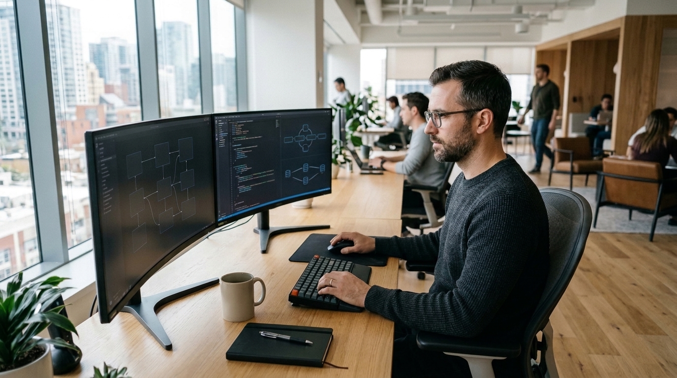 Yazılım mühendisi çift monitörlü modern iş istasyonunda şirket içi sistem API entegrasyonlarını ve araç çalıştırma düğümlerini yapılandırırken