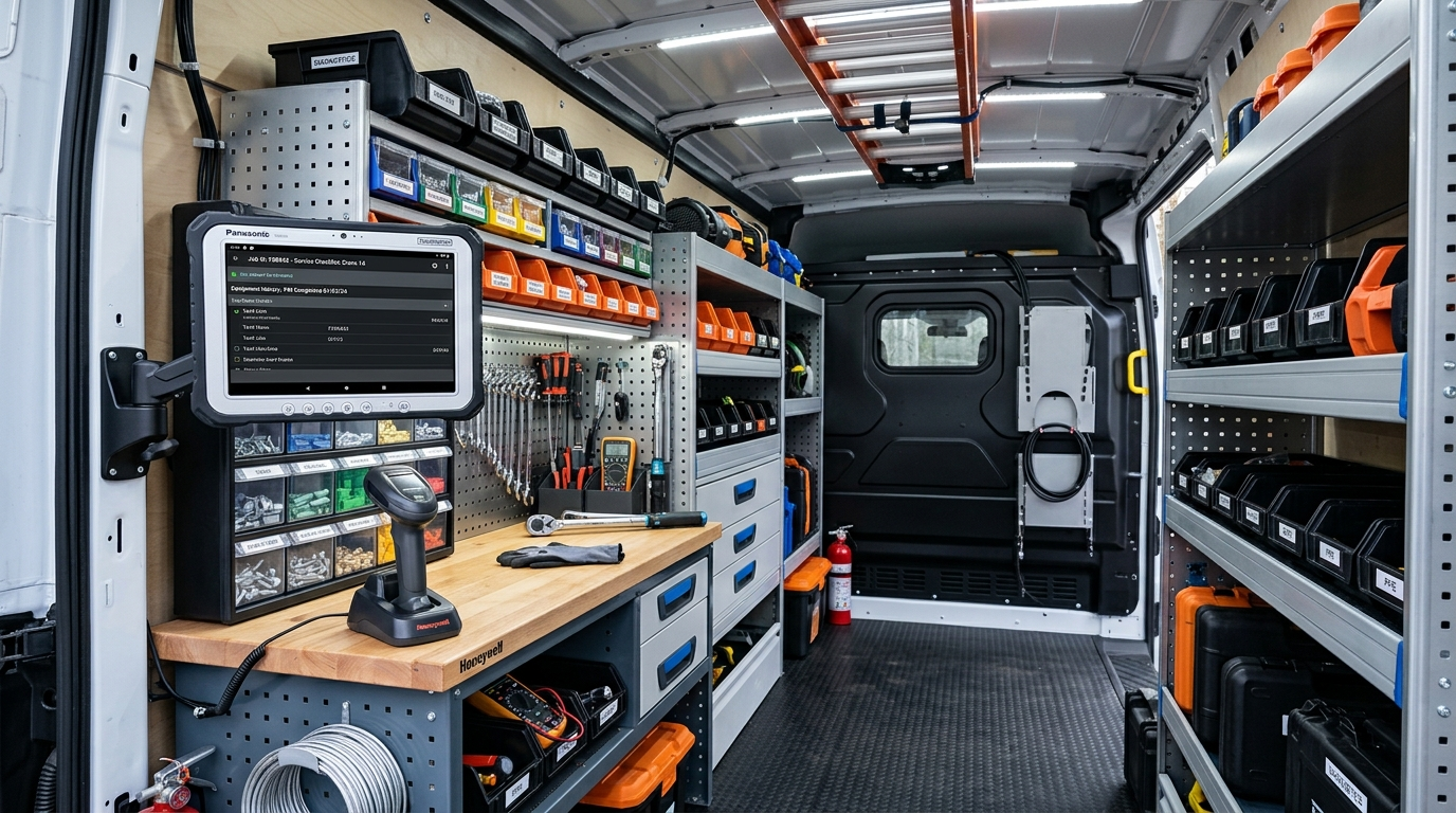 Teknik servis mobil aracı ekipmanları, yedek parça rafları ve tablet montaj istasyonu